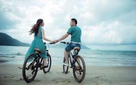 girl and guy with bicycle…, wallpapers